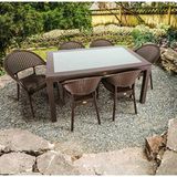 Capissi Rattan Masa Takımı 90X150 Camlı Masa 6 Kişilik Bambu Sandalye Seti Bahçe Balkon Teras Takımı - Kahverengi