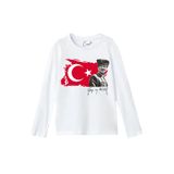 Çapıt Sıfır Yaka Uzun Kollu Ay-Yıldız Gazi M.Kemal Atatürk Baskılı Pamuklu/Beyaz Çocuk Tişörtü