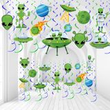 Capoda 54 Adet Yabancı Süslemeleri Asılı Swirls Hayır DIY UFO Tema Parti Tavan Süslemeleri Yeşil Uzaylı Dış Uzay Tabağı Adam Asılı Swirls Süslemeleri Erkek Kız Doğum Günü Bebek Duş Dekoru