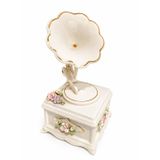 Capodimonte El Yapımı Porselen Gramofon Biblo, Çiçek Süslemeli, 19cm Yükseklik, Beyaz