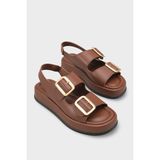 Capone Outfitters Denice Dolgu Topuklu Çift Bantlı Tokalı Kadın Sandalet - Kahve