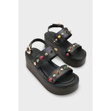 Capone Outfitters Jennie Dolgu Topuklu Renkli Taşlı Çift Bantlı Kadın Sandalet - Cilt Siyah