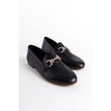 Capone Outfitters Kadın Gold Tokalı Siyah Hakiki Deri Loafer