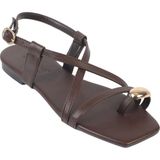 Capone Outfitters Roxy Küt Burunlu Metal Parmak Arası Bantlı Düz Topuklu Kadın Sandalet - Kahve