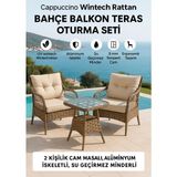 Cappuccino Wintech Rattan Bahçe Balkon Teras Oturma Seti – 2 Kişilik Cam Masalı, Alüminyum Iskeletli, Su Geçirmez Minderli - 1