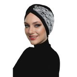 Çapraz Buklet Siyah-Beyaz Hazır Türban Tesettür Havuz Bonesi