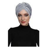 Çapraz Kancalı Açık Gri Hazır Türban Tesettür Dış Ve Havuz Bonesi