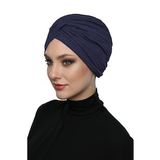 Çapraz Penye Astarlı Lacivert Hazır Türban Tesettür Havuz Bonesi