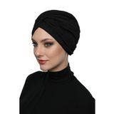 Çapraz Penye Astarlı Siyah Hazır Türban Tesettür Havuz Bonesi