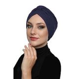 Çapraz Penye Bantlı Astarlı Lacivert Hazır Türban Tesettür Havuz Bonesi