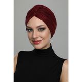 Çapraz Plise Bantlı Astarlı Bordo Hazır Türban Tesettür Havuz Bonesi