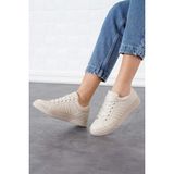 Caprito Y-1035 Ekru Cilt Bağlı Kalın Taban Sneakers Günlük Spor Ayakkabı
