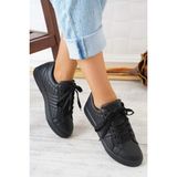 Caprito Y-1035 Siyah Cilt Bağlı Kalın Taban Sneakers Günlük Spor Ayakkabı - 001 Siyah