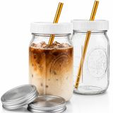 Capsule Classic Yeniden Kullanılabilir Geniş Ağızlı Smoothie Kupaları Boba Çay Fincanları Kapaklı ve Altın Pipetli Balonlu Çay Kupaları Mason Kavanozları Cam Kupalar (2'li paket, 907 ml mason kavanoz)