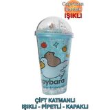 Capybara Çift Cidarlı, Işıklı, Pipetli, Kapaklı Bardak - Mavi