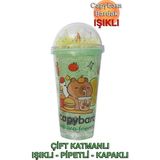 Capybara Çift Cidarlı, Işıklı, Pipetli, Kapaklı Bardak - Yeşil