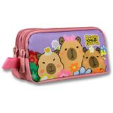 Capybara İki Bölmeli Çiçek ve Baskılı Mor - Pembe Kız Çocuk Kalem Çantası - 6205