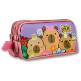 Capybara Iki Bölmeli Çiçek ve Capybara Baskılı Mor - Pembe Kız Çocuk Kalem Çantası - 6205