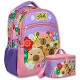 Capybara Kız Çocuk Çiçek ve Baskılı Okul Çantası+Beslenme Çantası Seti - SETCPB6203B