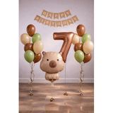 Capybara Temalı 7 Yaş Doğum Günü Balon Süsleme Seti – Karamel Doğal Ton Parti Seti