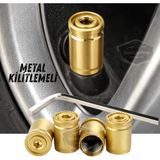 Caralp Kilitlemeli Sibop Kapağı Alyanlı Sibop Kapağı Araba Motosiklet Bisiklet Metal Sıkmalı Gold Altın 4 Lü Set