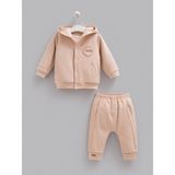 Caramell %100 Pamuk 3'lü Erkek Bebek Takımı - Kapüşonlu Çıtçıtlı Hırka, Baskılı Sweatshirt ve Pantolon Seti - 6 - 9 Ay - Kahverengi