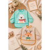 Caramell Ayıcık ve Geyik Desenli Uzun Kollu Cepli Bebek Mama ve Aktivite Önlüğü
