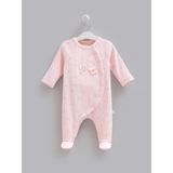 Caramell Kız Bebek %100 Pamuklu Interlok Kumaş Tavşan Işlemeli Boydan Çıtçıtlı Patikli Tulum - Pembe - 0 - 1 Ay
