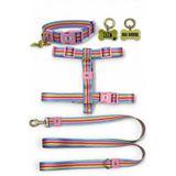 Caramelos Köpek Tasma Seti, Gökkuşağı Renkli, Polyester, H Tipi Gövde Tasması, Boyun Tasması, Gezdirme Kayışı ve Kişiye Özel İsimlik Künyesi