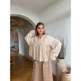 Cardella Floss Viskon Dökümlü Fırfırlı Oversize Kadın Gömlek Bluz - Bej