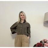 Cardella Kadın Çizgili Oversize Keten Gömlek – Tek Ebat Crop Salaş Gömlek - Standart - Kahverengi