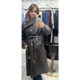 Cardella Premium Kalite Uzun Kadın Kaşe Kaban | Şık Yaka ve Düğme Detaylı Kaban - 44 - Acı Kahve