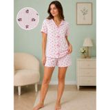 Cares Kumaş Fiyonk Desenli Kısa Kollu Şortlu Kadın Pijama Takımı KDN-GECELİK-01