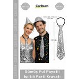 Carlburn #Kravat Göz Alıcı Sahne Kostüm Aksesuarı Hazır Gümüş Renk Pul Payetli Işıltılı Parti Kravatı 33 cm