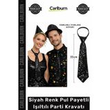 Carlburn #Kravat Göz Alıcı Sahne Kostüm Aksesuarı Hazır Siyah Renk Pul Payetli Işıltılı Parti Kravatı 33 cm