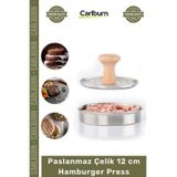Carlburn Özel Üretim Paslanmaz Çelik Gövde Ahşap Saplı Izgara Desenli Köfte Şekillendirici 12 cm Hamburger Pr