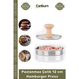 Carlburn Özel Üretim Paslanmaz Çelik Gövde Ahşap Saplı Izgara Desenli Köfte Şekillendirici 12 cm Hamburger Press - Çok Renkli