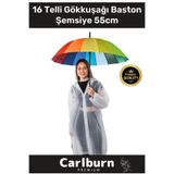 Carlburn Premium Otomatik Mekanizma Baston Tip Rüzgar Korumalı Fiber 16 Telli Gökkuşağı Baston Şemsiye 55cm