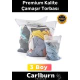 Carlburn Premium Seri Kalite Yıkama Renkli Fermuarlı Fileli Çamaşır Torbası Kirli Temiz Sepeti 3 Adet