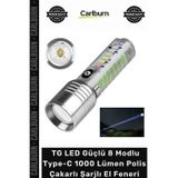 Carlburn Profesyonel TG LED Güçlü 8 Modlu Type-C 1000 Lümen Polis Çakarlı Şarjlı El Feneri