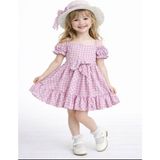 Carmina Kids Şapkalı Ekose Viskon Elbise - 7 Yaş - Pembe