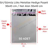Carpcorn 30x45 cm Gümüş Renk Bantlı Lüks Metalize Hediyelik Poşet (50 Adet)