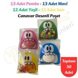 CarpCorn 50 Adet 4 Renkli Canavar Desenli Cake Pop & Kurabiye Poşeti - 10x15 cm