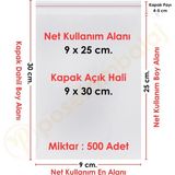 Carpcorn 9X25+5 CM. (9X30) 500 Adet Şeffaf Bantlı Yapışkanlı Opp Poşet