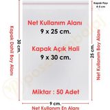 Carpcorn 9X25+5 cm(9X30) 50 Adet Şeffaf Bantlı Yapışkanlı Opp Poşet