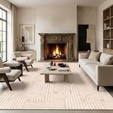 Carpettex Bej Modern Geometrik Desenli Dijital Baskılı Kaymaz Tabanlı Yıkanabilir Antibakteriyel Halı Dijital