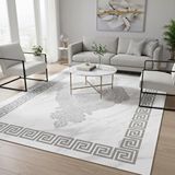 Carpettex Gri Beyaz Dijital Baskılı Halı Kaymaz Tabanlı Modern Geometrik Bordürlü Dekoratif Salon Ve Oda Halısı