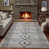 Carpettex Gri Siyah İskandinav Boho Tarzı Halı Dijital Baskılı Kaymaz Tabanlı Yıkanabilir Leke Tutmaz Antibakteriyel