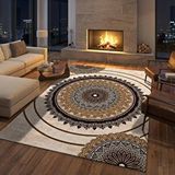 Carpettex Kahverengi Bej Tonlarda Mandala Desenli Dijital Baskılı Kaymaz Tabanlı Halı