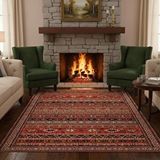 Carpettex Kırmızı Kahve Dijital Baskılı Etnik Desenli Kaymaz Tabanlı Yıkanabilir Leke Tutmaz Antibakteriyel Halı Kahverengi